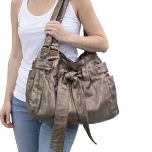 Kooba Elisha Bronze Metallic Leather Shoulder Handbag With Bow Detail Designer